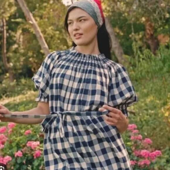 DÔEN Whisper Dress Blue White Gingham Embroidered Midi Dress - Picture 2 of 9